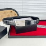 1:1  Montblanc  Black Leather Belt with Silver Logo Buckle Block-shaped Buckle  3.8cm